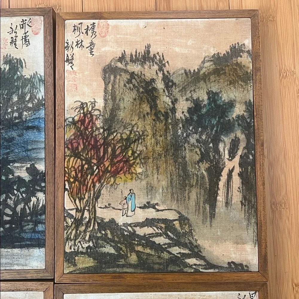 NWT set 4 Vintage Batique Chinese Reproductions hand painted wood frame 9” x 12”